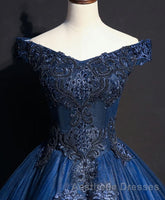 Blue Tulle Lace Off Shoulder Long Evening Prom Dresses, Blue Tulle Lace Evening Prom Dresses